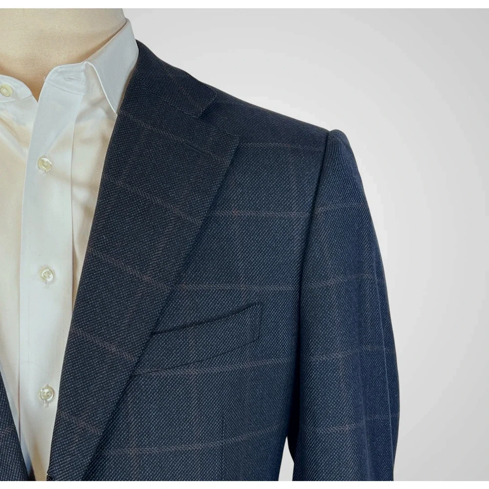 Zegna 15 Milmil 15 Sport Coat 44R Navy Blue Camel Plaid 3/2 Roll